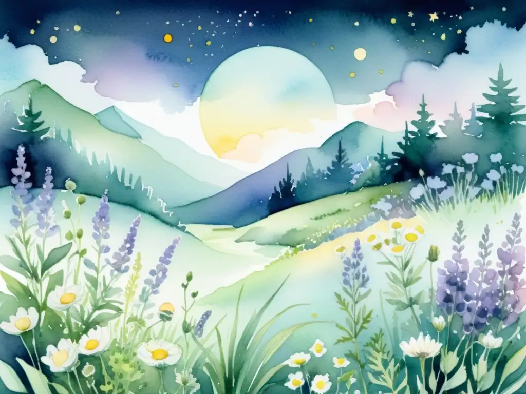 Mezcla de hierbas para dormir - Ilustración de acuarela nocturna Una ilustración acuarela detallada de un paisaje nocturno sereno con hierbas calmantes