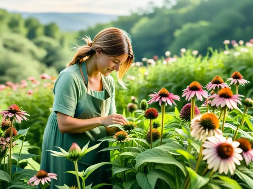 Una ilustración detallada de una persona cosechando flores de equinácea, transmitiendo calma y belleza natural