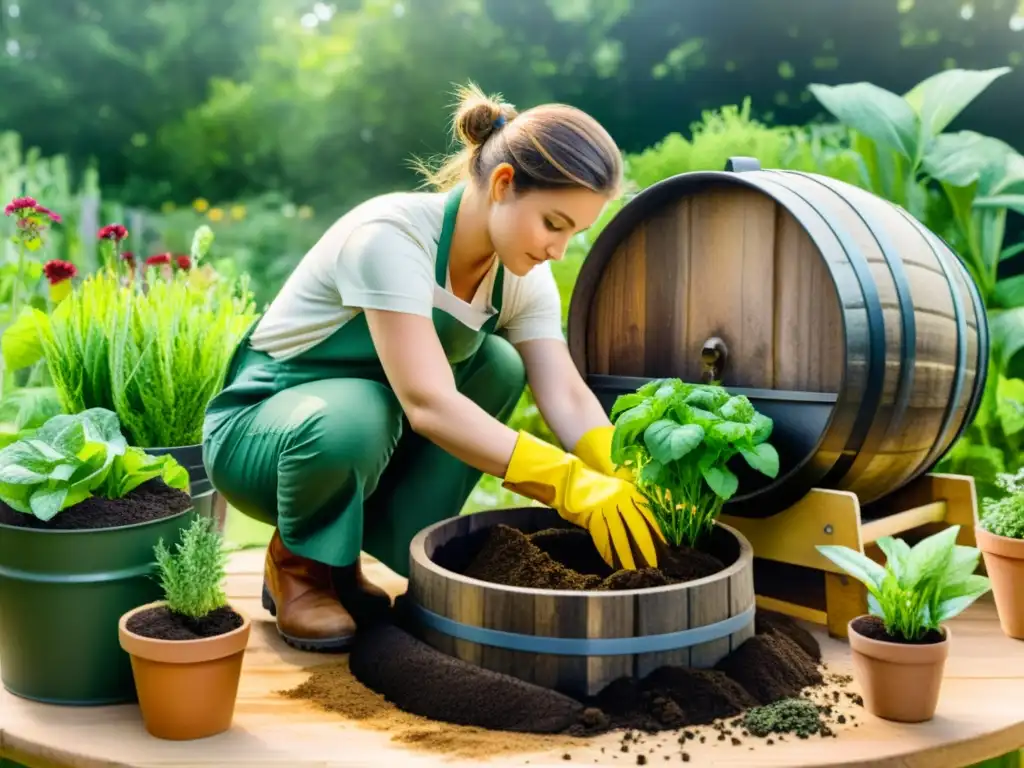 Una ilustración detallada de una persona mezclando ingredientes naturales en un barril de madera, rodeada de hierbas vibrantes