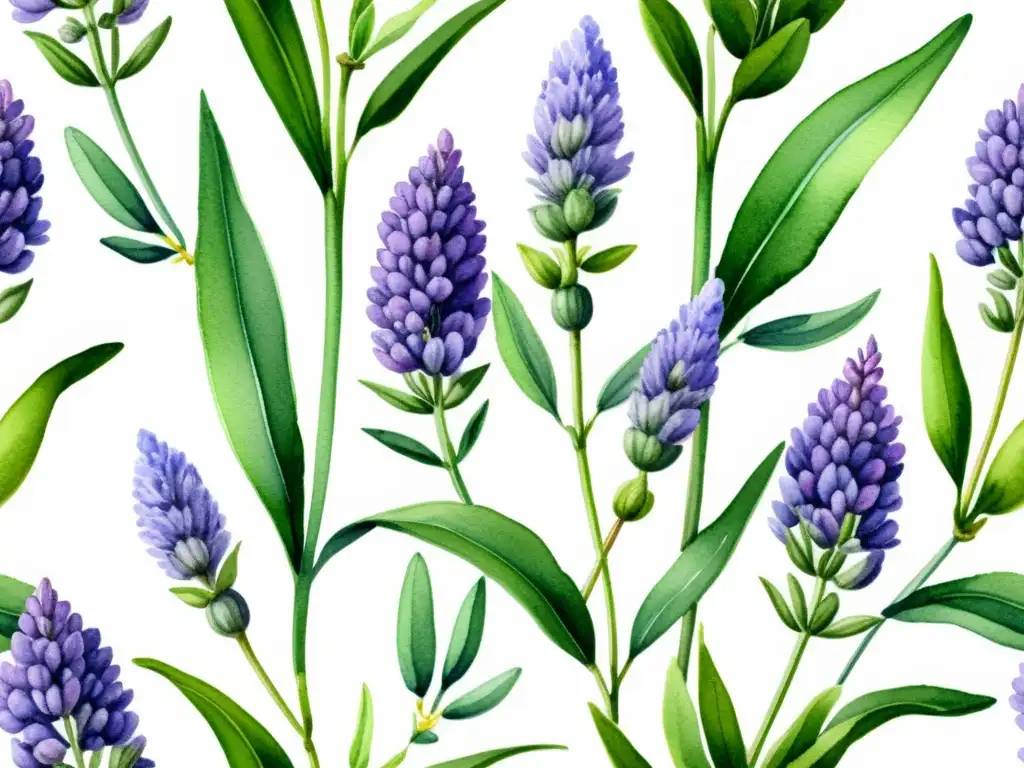 Una ilustración detallada de una planta de lavanda con flores moradas rodeada de hojas verdes exuberantes