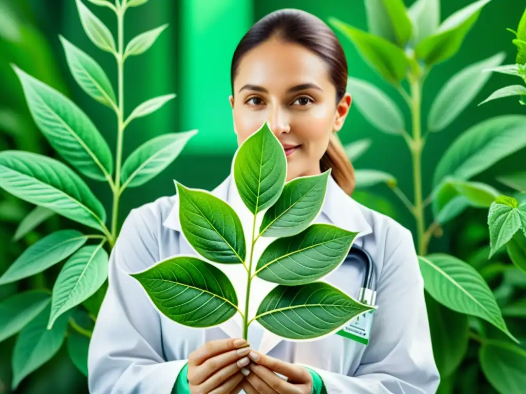 Una ilustración detallada de una planta medicinal verde vibrante con patrones de ingeniería a nanoescala