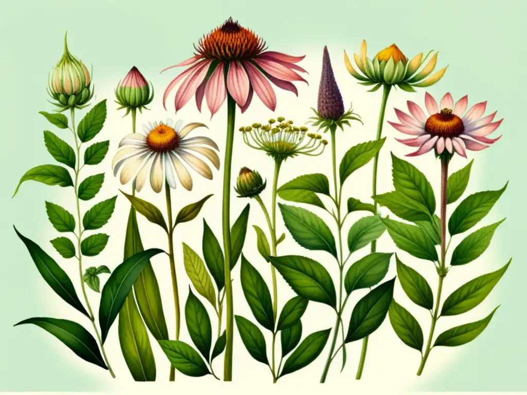 Una ilustración acuarela detallada de plantas herbales vibrantes con raíces y hojas entrelazadas