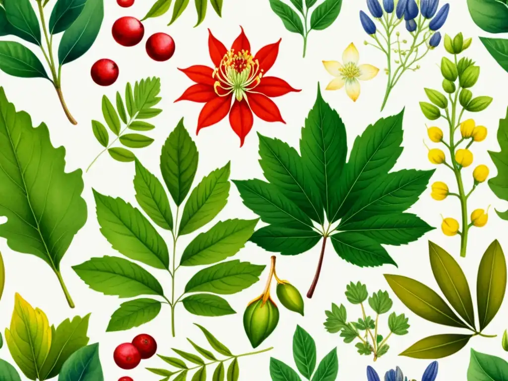 Una ilustración acuarela detallada de plantas medicinales para salud sexual, con ginseng, maca, damiana y hierba de cabra en celo