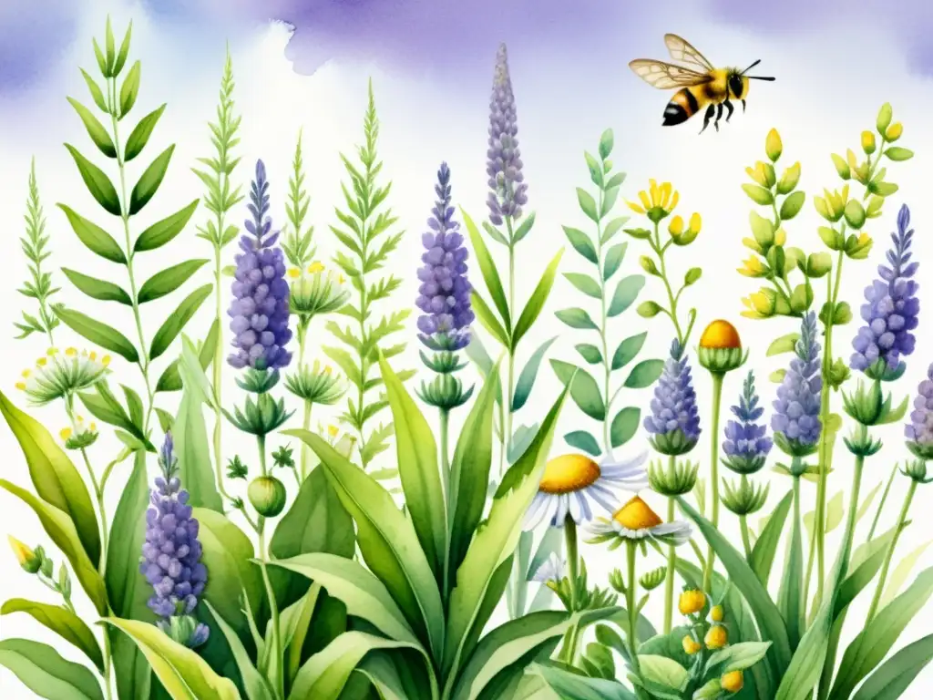 Una ilustración detallada de plantas medicinales vibrantes y exuberantes, incluyendo lavanda, manzanilla y sábila, creciendo en un jardín soleado