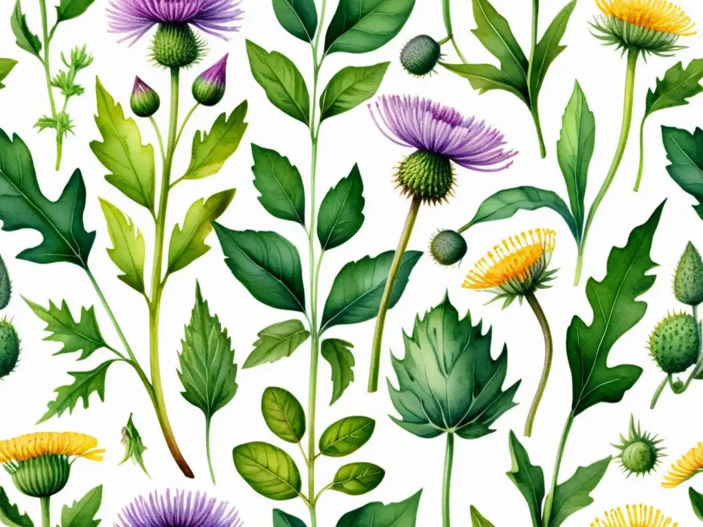 Una ilustración acuarela detallada de plantas medicinales como diente de león, cardo mariano y bardana, con colores vibrantes y vida exuberante