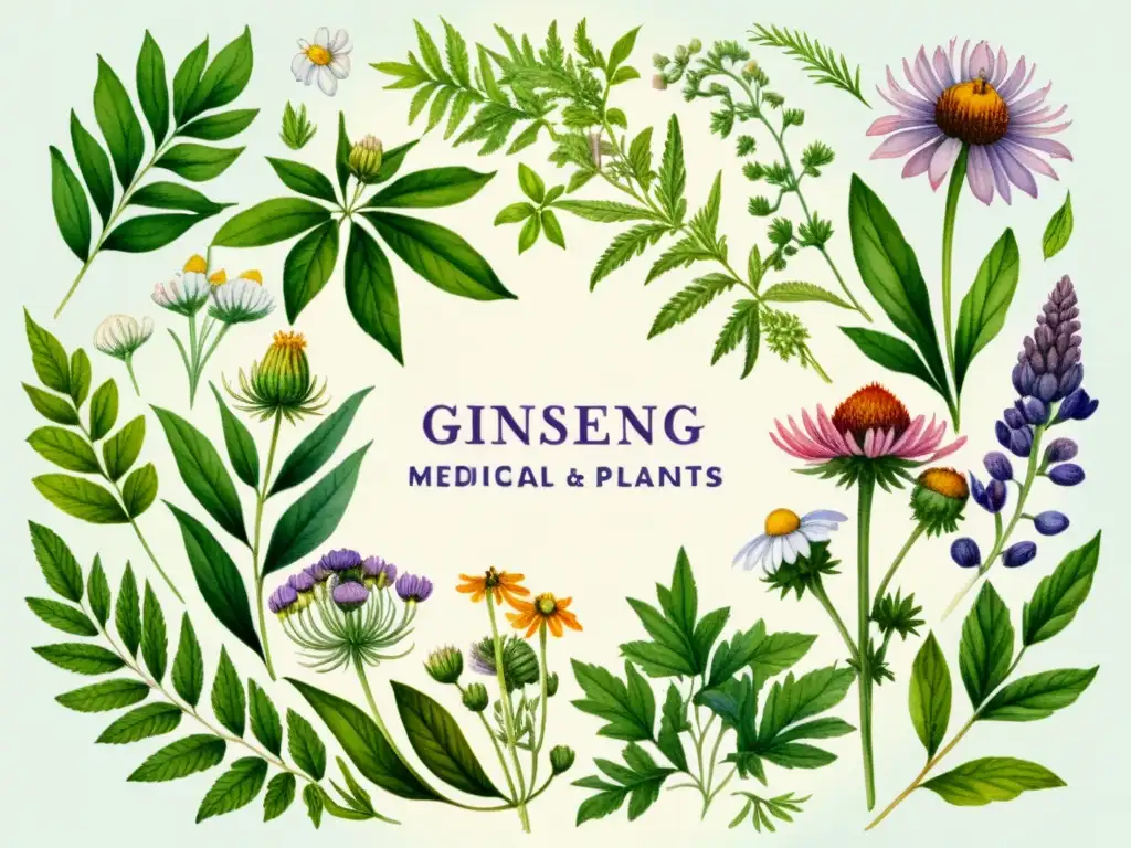 Una ilustración detallada de plantas medicinales con ginseng, equinácea, manzanilla y lavanda, en colores vibrantes y trazos delicados