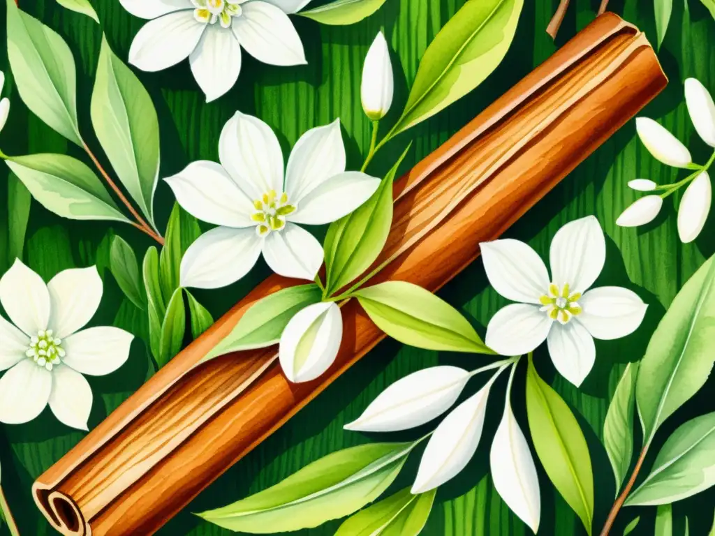 Una ilustración acuarela detallada de una ramita de canela rodeada de hojas verdes vibrantes y delicadas flores blancas