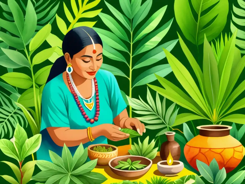 Una ilustración detallada de un sanador tradicional maya recolectando plantas medicinales en la exuberante selva