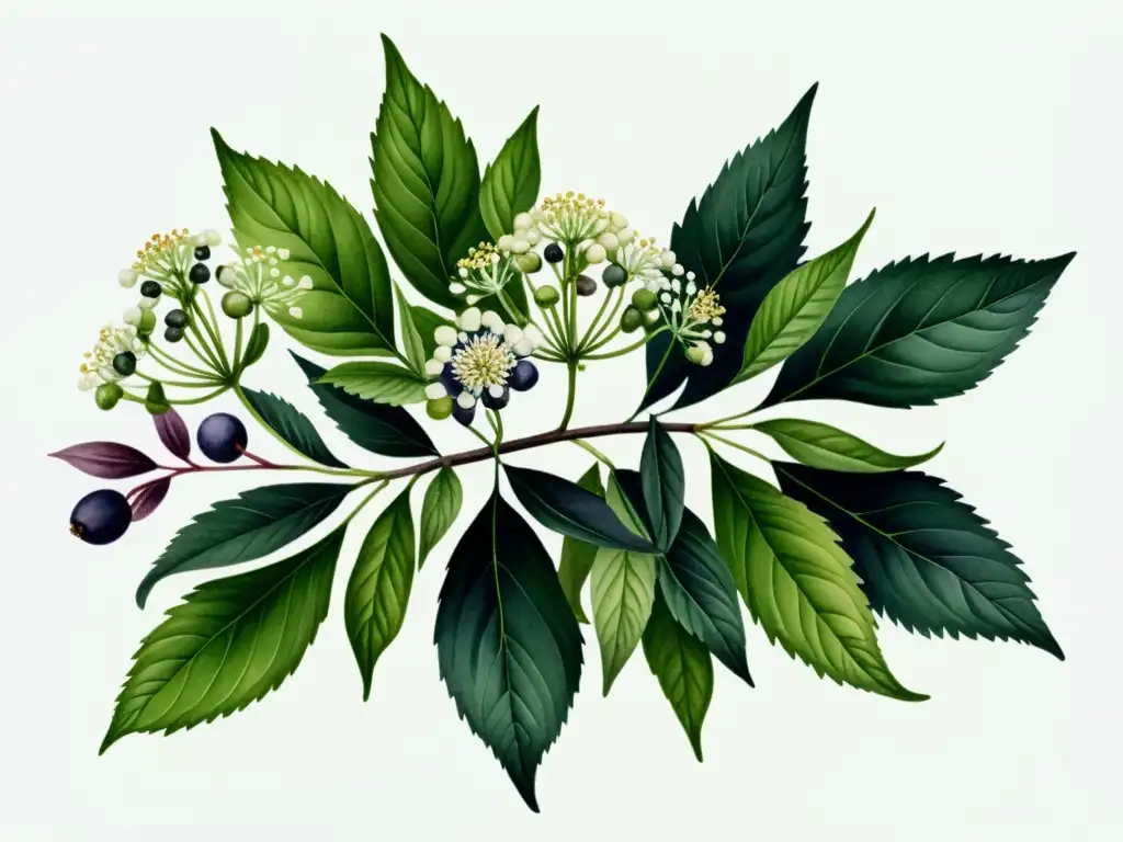 Una ilustración acuarela detallada de un saúco en flor, con elegantes racimos de pequeñas flores blancas y bayas moradas