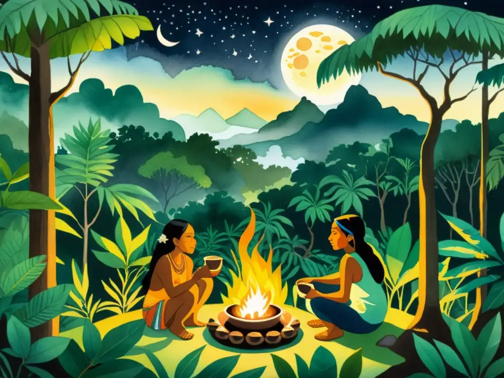 Una ilustración detallada de la selva amazónica de noche, con indígenas Kichwa preparando guayusa alrededor de una fogata