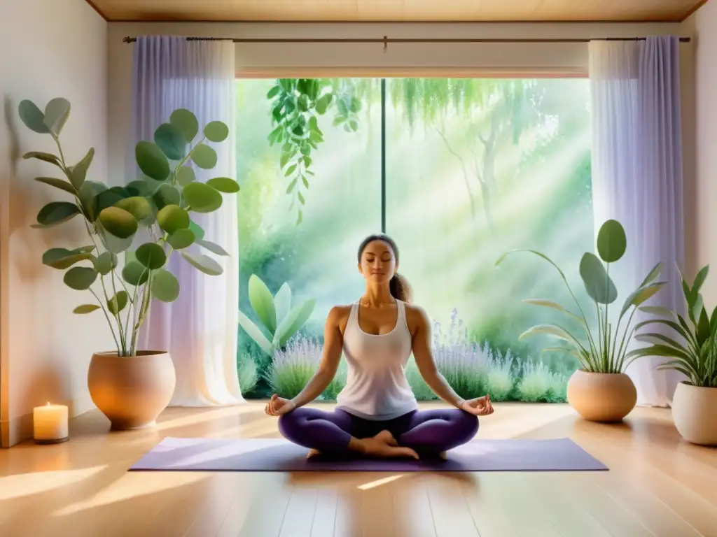 Una ilustración detallada y serena de un estudio de yoga con plantas medicinales para limpiar aura, creando una atmósfera tranquila y rejuvenadora