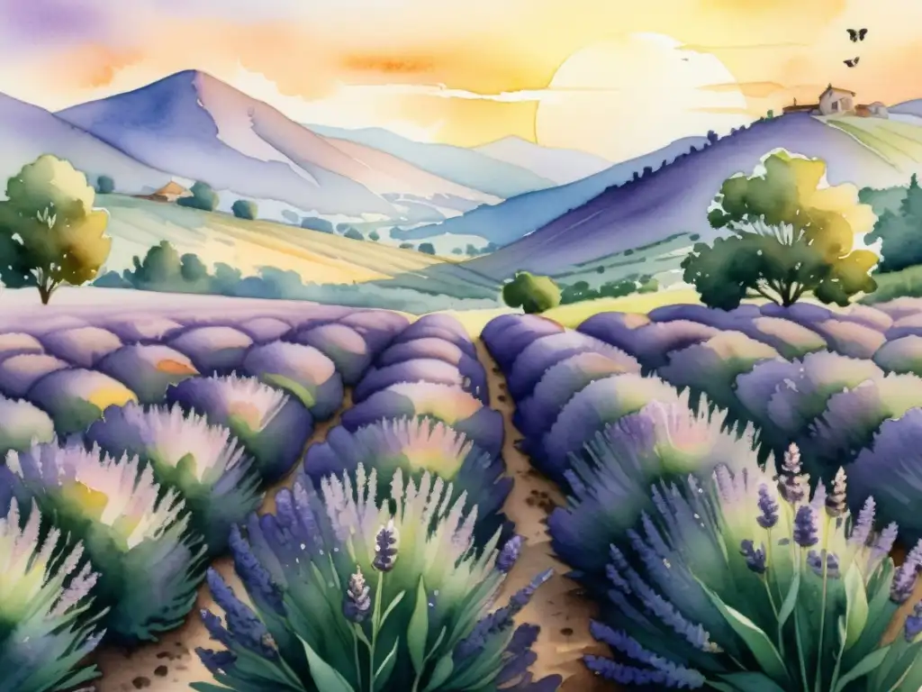 Una ilustración acuarela detallada de un sereno campo de lavanda al atardecer, con beneficios científicos de la aromaterapia