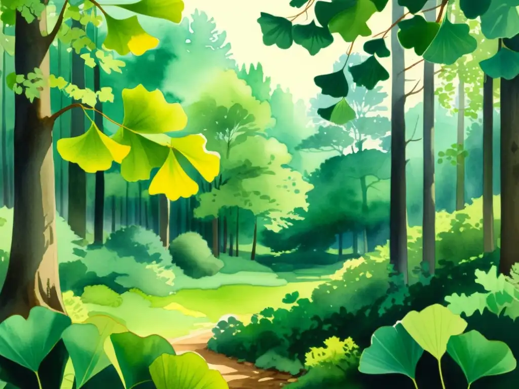 Una ilustración detallada de un sereno paisaje forestal con un majestuoso árbol de ginkgo biloba rodeado de exuberante vegetación