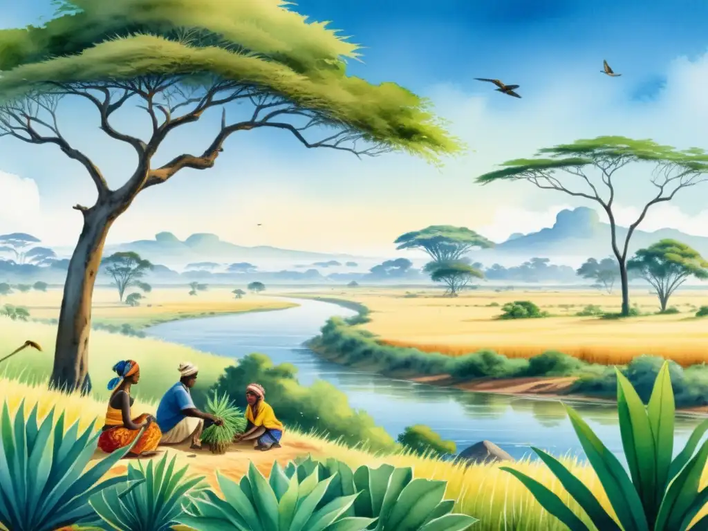 Una ilustración acuarela detallada de un sereno paisaje africano con una exuberante sabana, un río tranquilo y un cielo azul