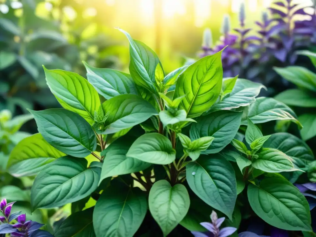 Jardín de albahaca sagrada: acuarela serena Una ilustración detallada de un jardín sereno con vibrantes plantas de albahaca sagrada
