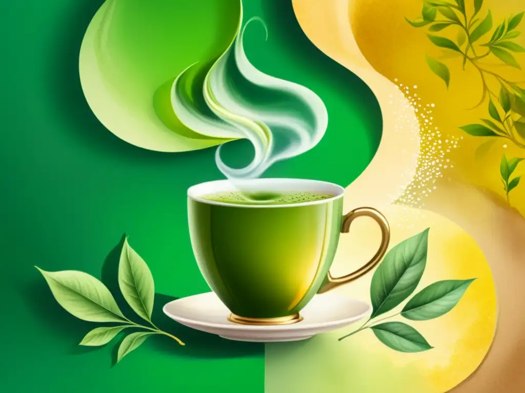 Una ilustración acuarela detallada de una taza de té verde humeante rodeada de hojas de té exuberantes y patrones delicados, evocando tranquilidad y bienestar