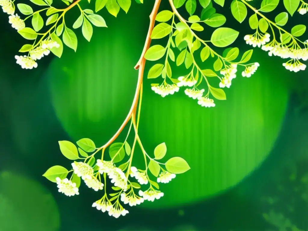 Una ilustración acuarela detallada de un vibrante árbol de moringa, con hojas verdes exuberantes y delicadas flores blancas