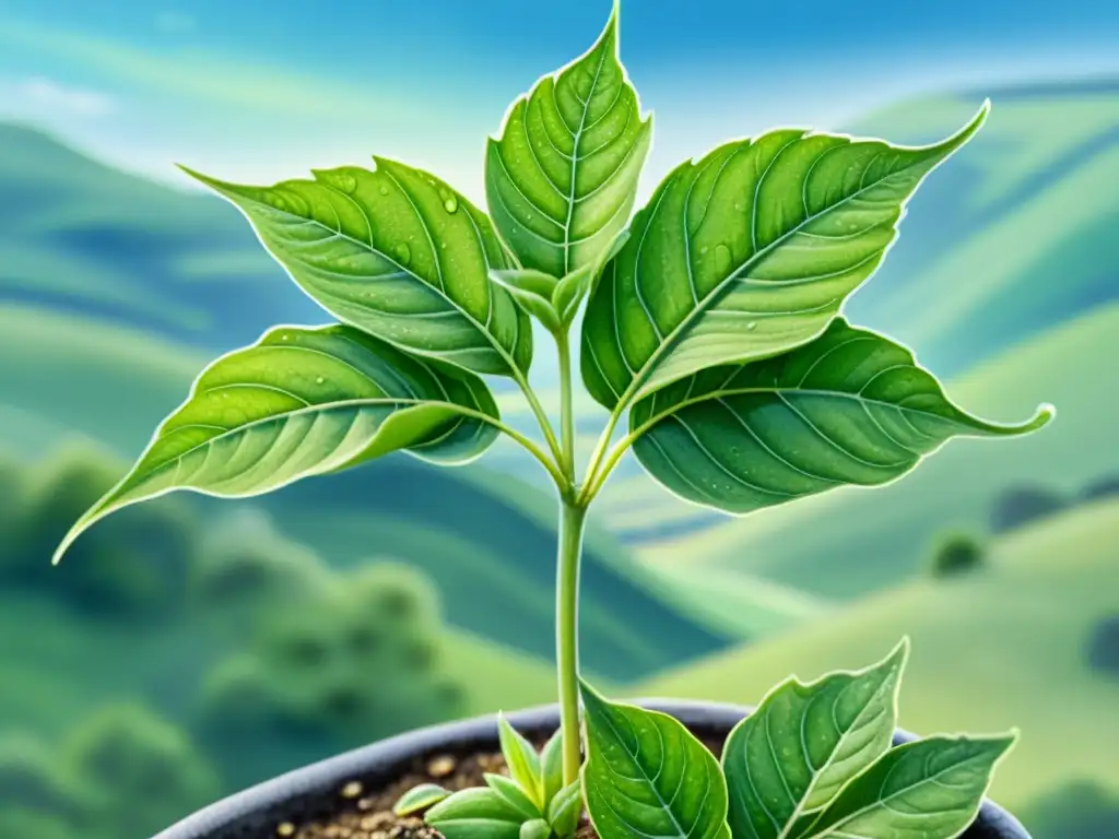 Una ilustración acuarela detallada de un vibrante llantén verde con hojas delgadas y delicadas venas, adornadas con gotas de rocío