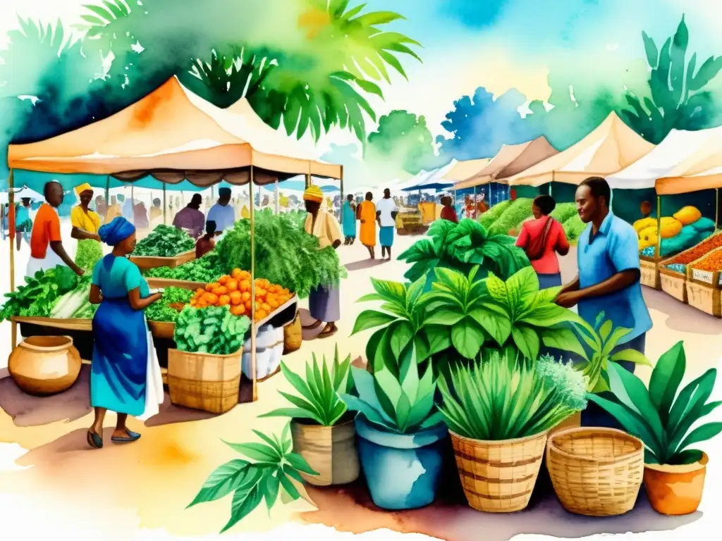 Una ilustración acuarela detallada de un vibrante mercado africano con plantas medicinales en la cultura africana, rebosante de color y energía