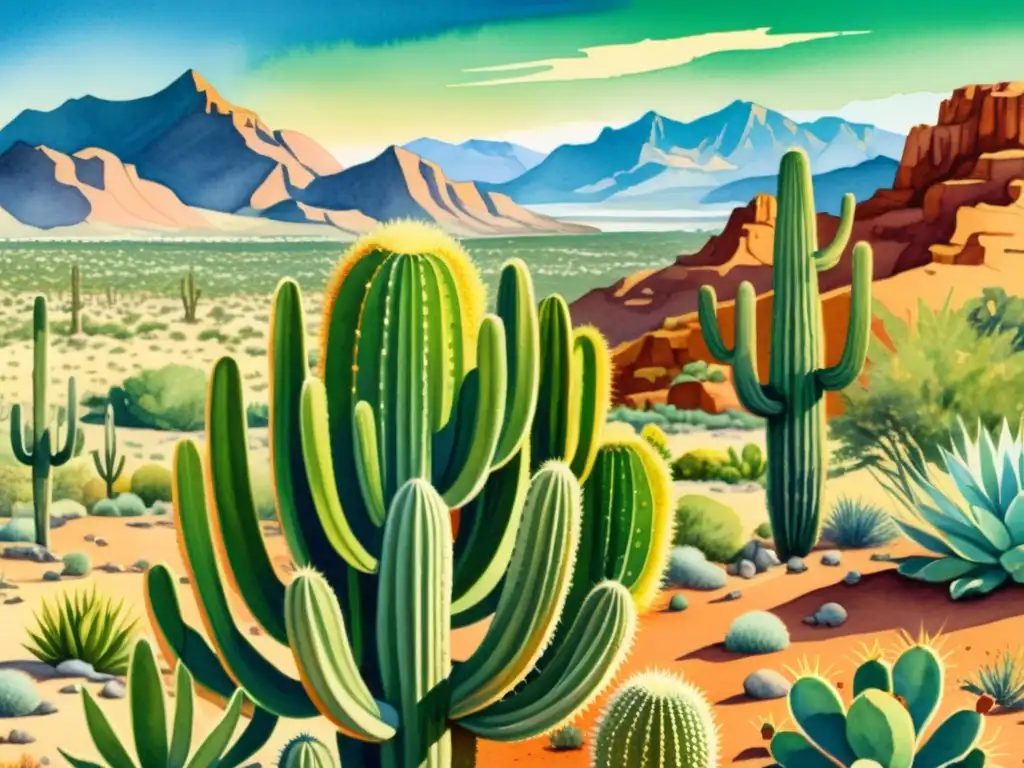 Una ilustración acuarela detallada de un vibrante paisaje desértico con un peyote en primer plano