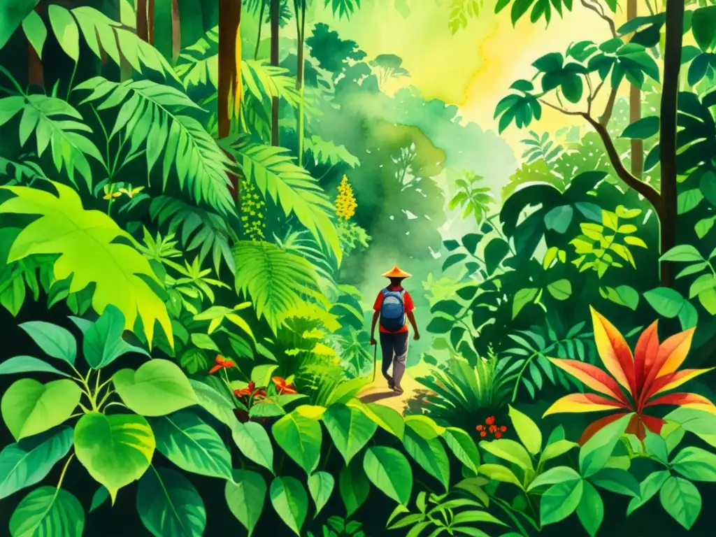 Una ilustración acuarela de un exuberante bosque tropical con plantas medicinales, en tonos verdes, dorados y rojos