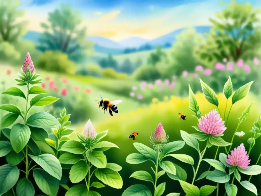 Una ilustración acuarela de un exuberante jardín con hierbas para dieta fertilidad, flores coloridas, abejas y luz dorada