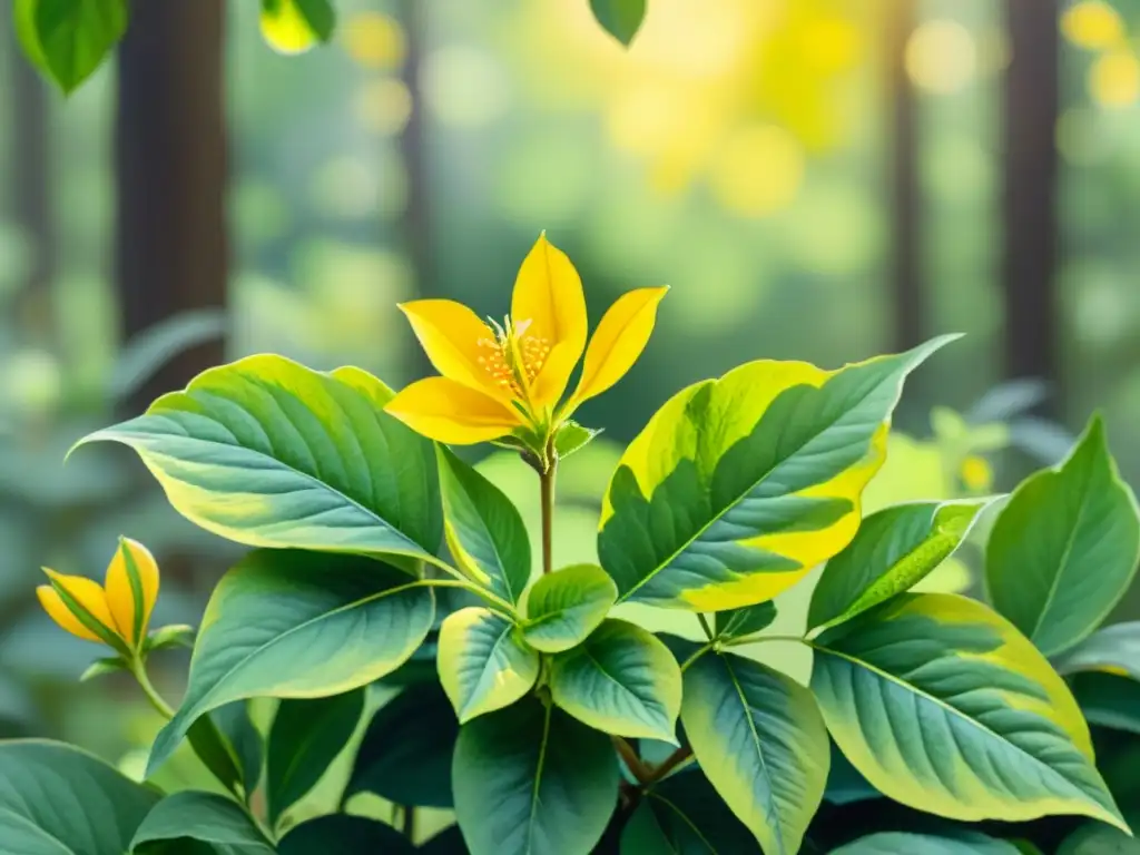 Una ilustración acuarela de una exuberante planta de damiana en un claro de bosque soleado, con efecto afrodisíaco