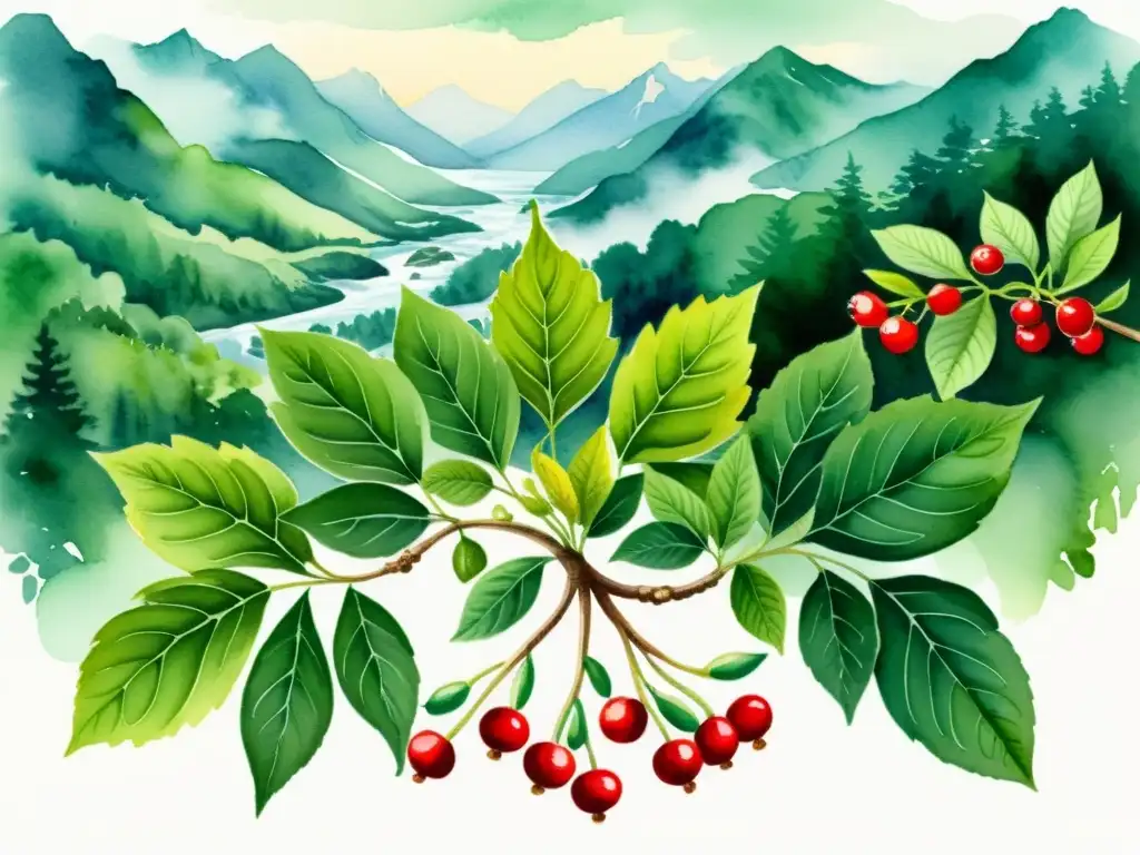 Una ilustración acuarela de una exuberante planta de ginseng con bayas rojas, rodeada de arroyos y montañas brumosas