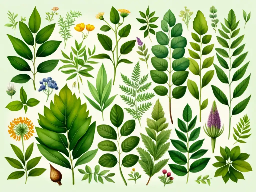 Una ilustración acuarela exuberante de plantas medicinales adaptadas a su zona geográfica, con detalles vibrantes y realistas