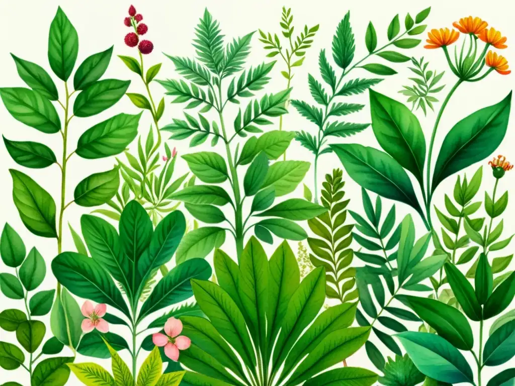 Una ilustración acuarela de un exuberante jardín botánico, con plantas medicinales detalladas y criptografía integrada