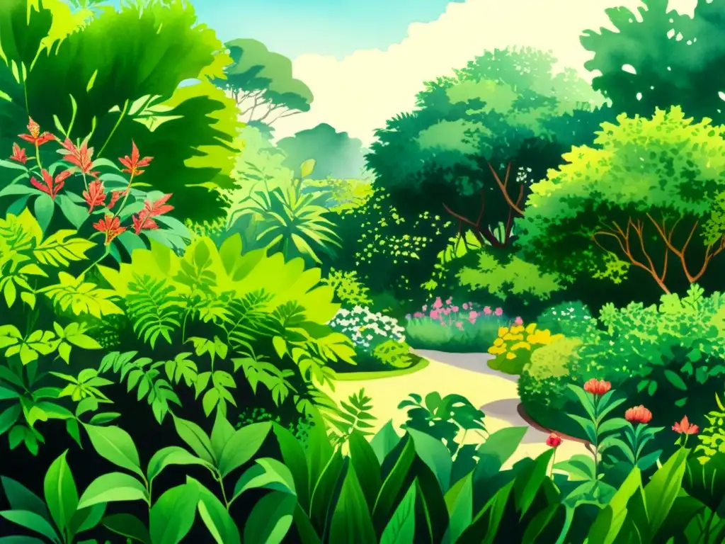 Una ilustración acuarela de un exuberante jardín botánico, con plantas vibrantes y exóticas