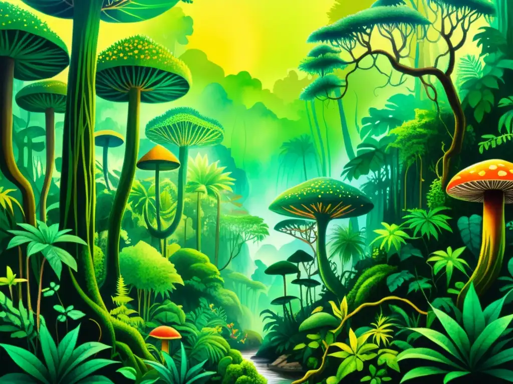 Una ilustración acuarela de una exuberante selva tropical llena de plantas enteógenas en la cultura, vibrante y mística