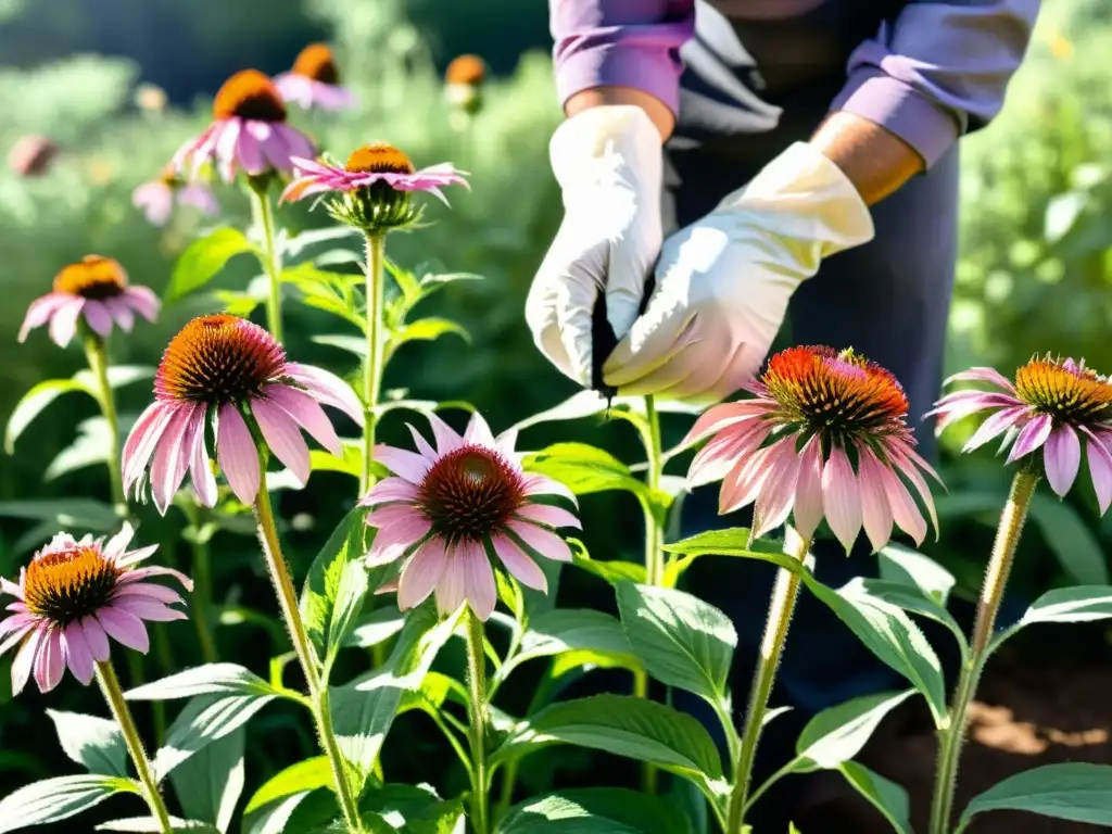 Una ilustración hiperrealista detallada muestra la preparación de la echinacea para sus propiedades antivirales, con cuidado y color vibrante