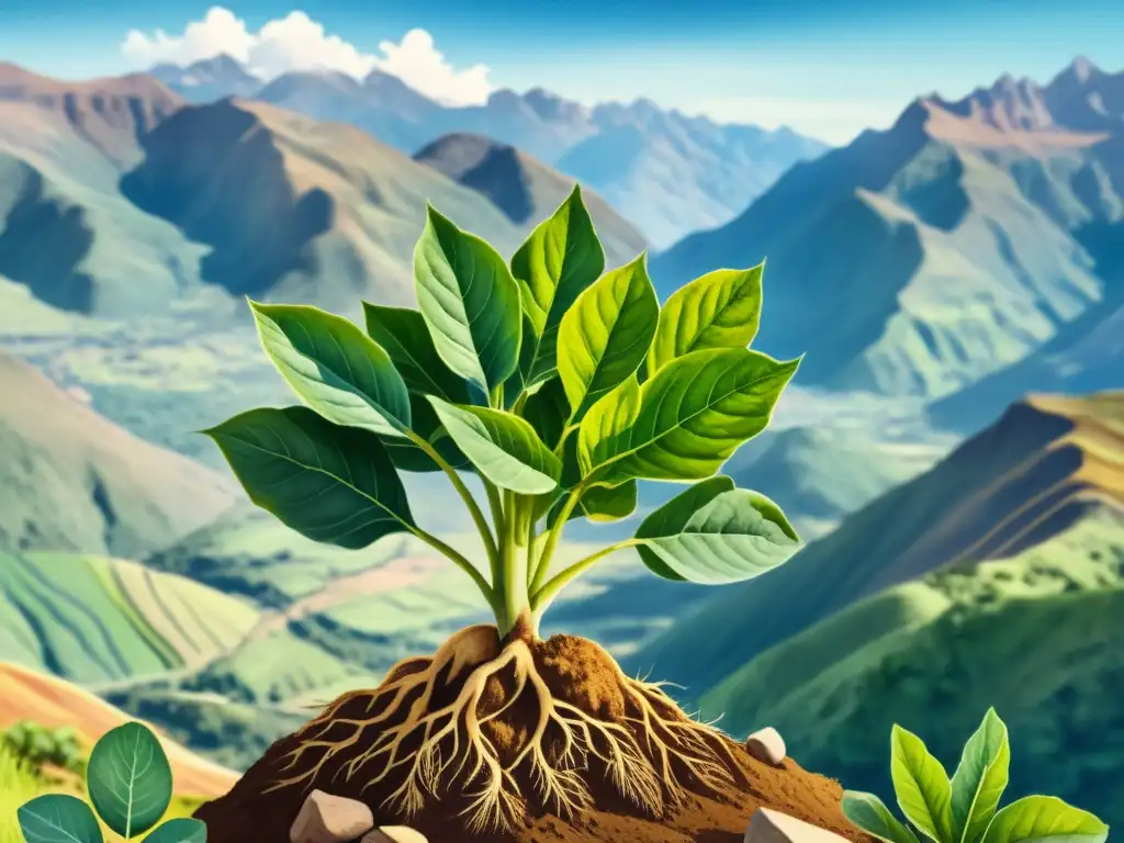 Una ilustración impresionante de una vibrante planta de maca, con detalles intrincados, enmarcada por las montañas andinas bajo un cielo azul