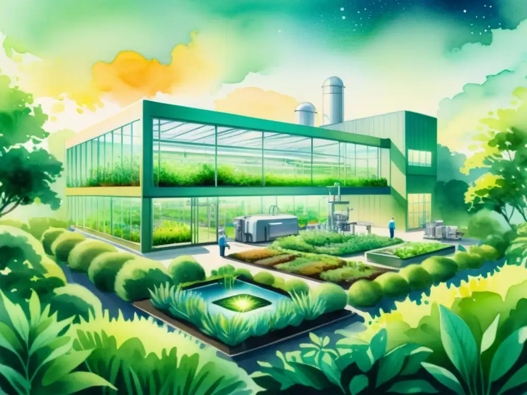 Una ilustración acuarela de una moderna instalación de biofabricación rodeada de un exuberante jardín de hierbas