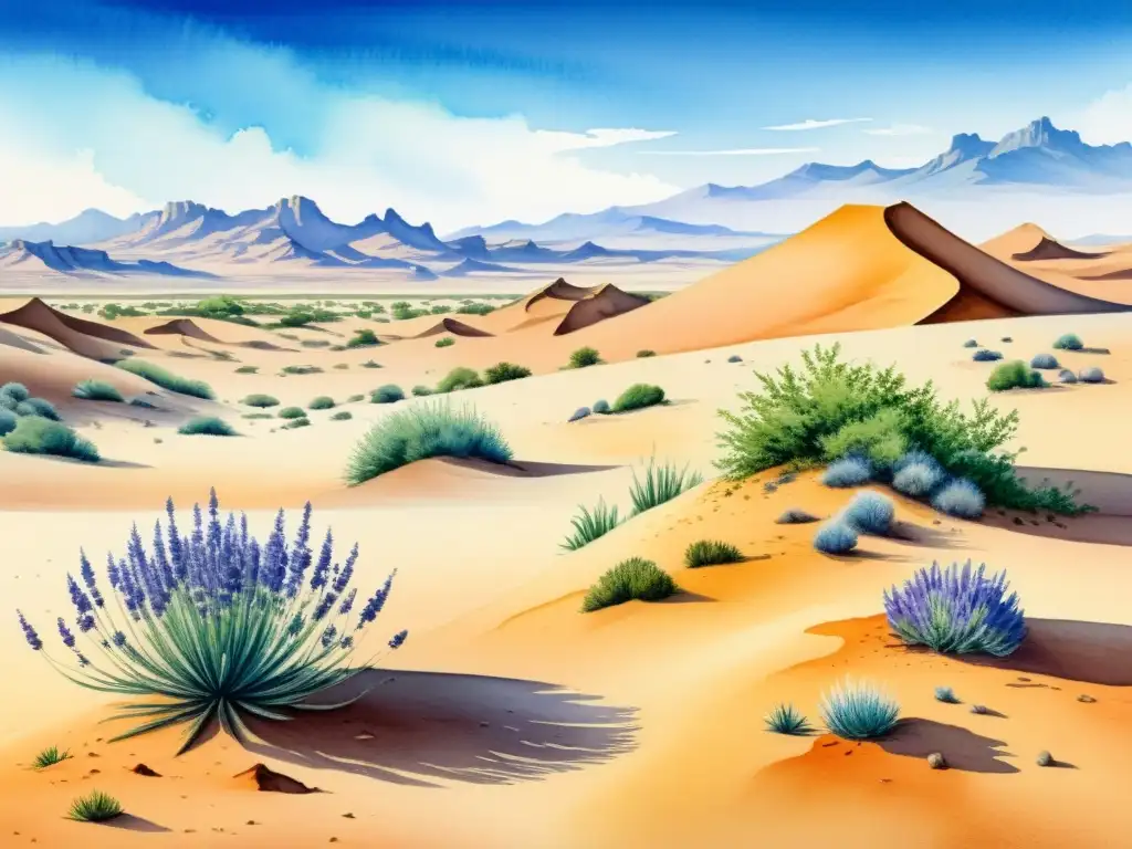 Una ilustración acuarela de un paisaje desértico del Sahara con plantas medicinales del desierto Sahara en detalle