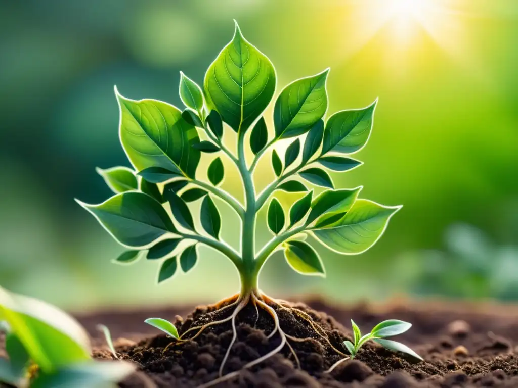 Una ilustración acuarela de una planta verde vibrante con raíces intrincadas alcanzando profundamente en la tierra, envuelta por la luz del sol