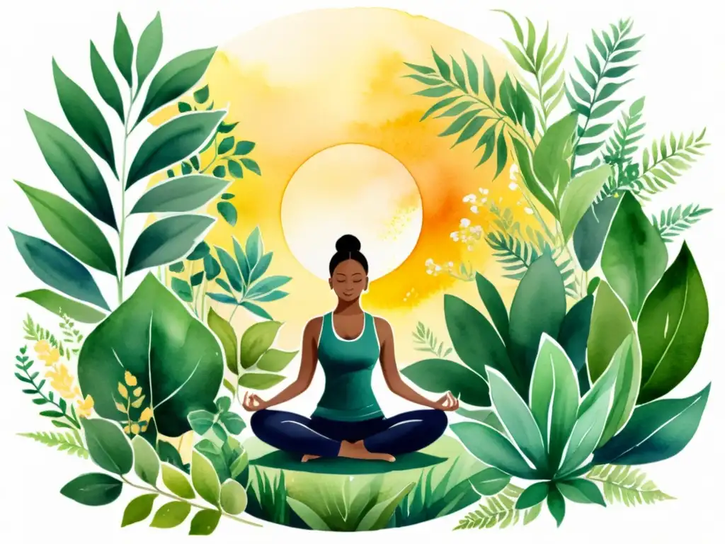 Una ilustración serena y detallada de un espacio de meditación rodeado de plantas medicinales, evocando calma y conexión con la naturaleza