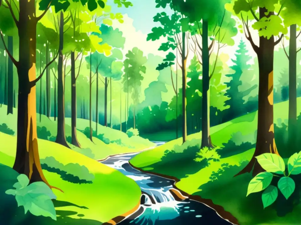 Una ilustración serena y vibrante de un bosque verde exuberante, ideal para fitoterapia para tratamiento del estrés