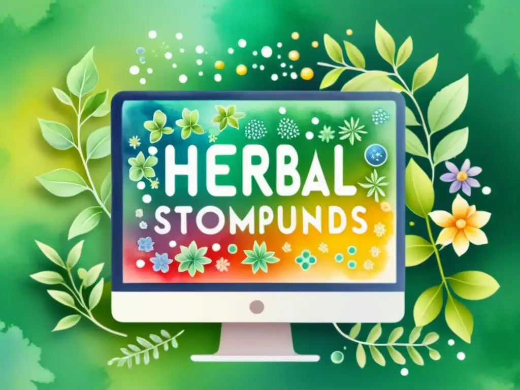 Una ilustración tranquila en acuarela de una pantalla de computadora mostrando complejas estructuras moleculares de compuestos herbales, con reacciones químicas coloridas en el fondo