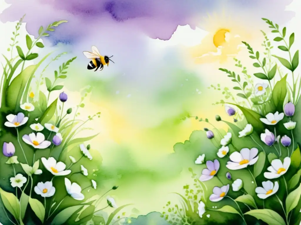 Una ilustración tranquila y detallada de un prado verde exuberante con plantas de Bacopa Monnieri, bañado por los cálidos rayos del sol