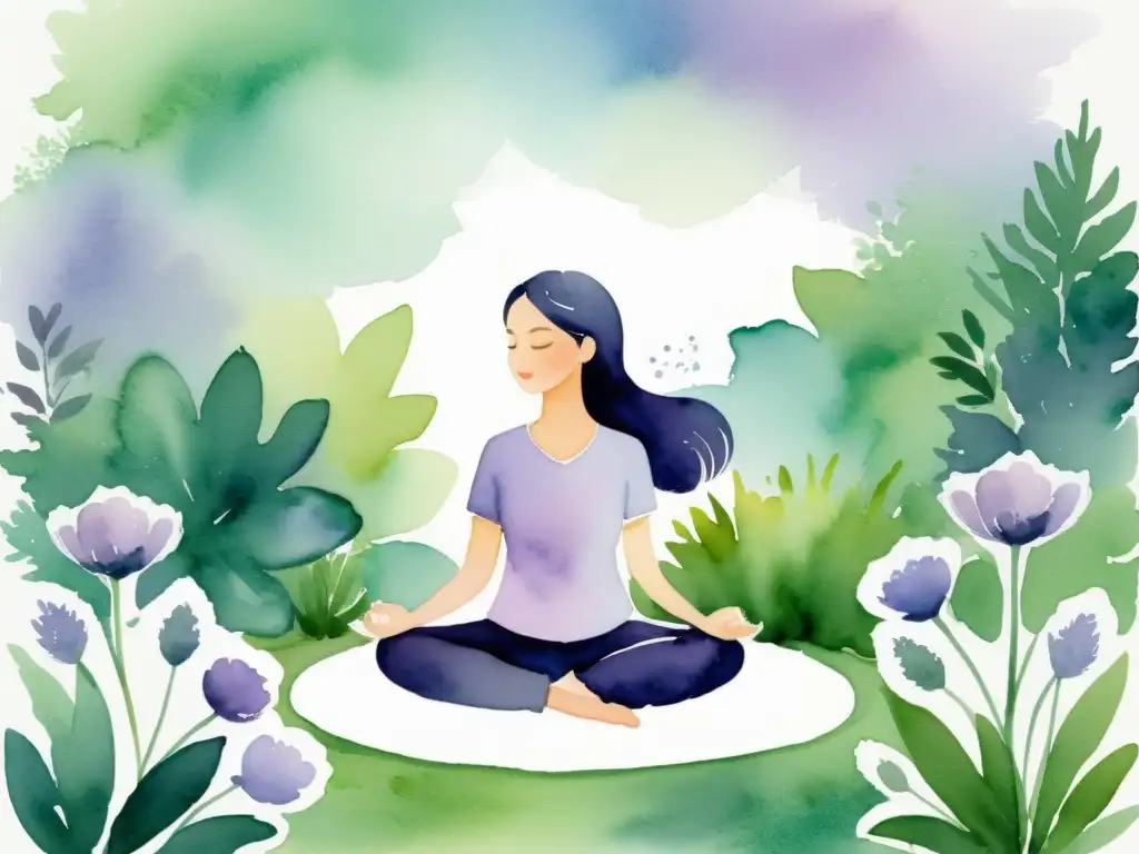 Una ilustración acuarela tranquila de un espacio de meditación, con una persona en postura de loto rodeada de exuberante vegetación y flores en flor