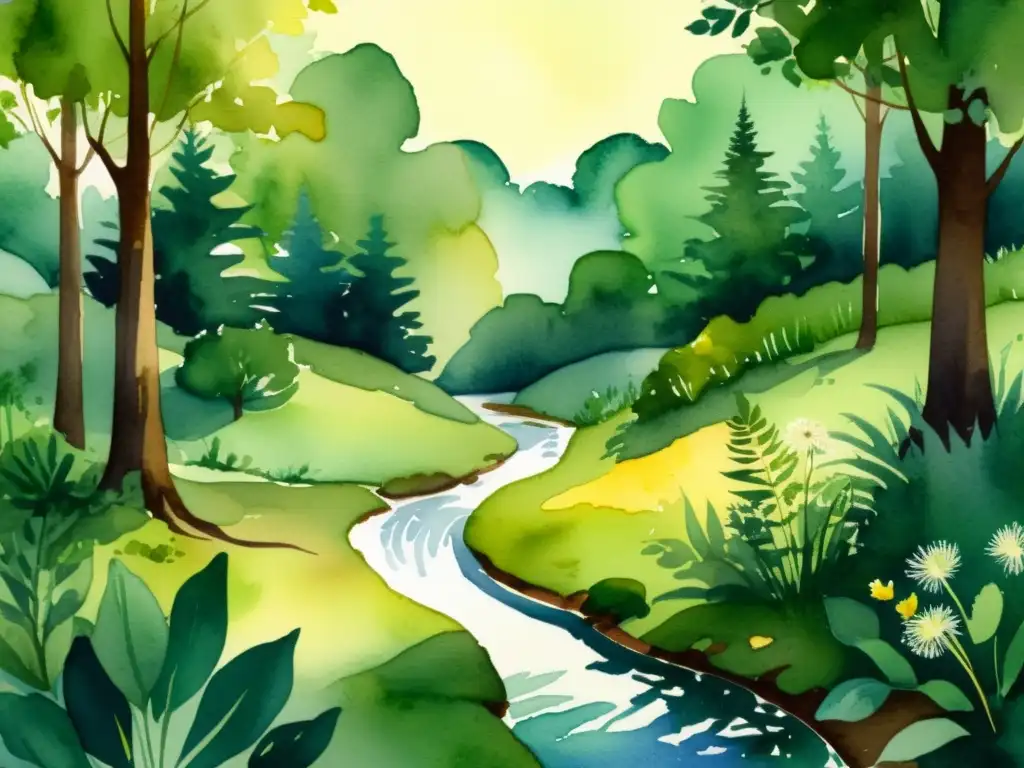 Una ilustración acuarela tranquila de un exuberante bosque con un arroyo sereno reflejando la vegetación vibrante