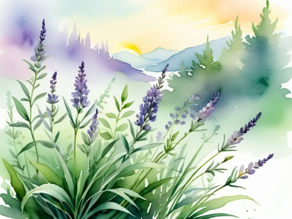 Una ilustración acuarela de un jardín tranquilo con lavanda, jazmín y romero, envuelto en aromas suaves