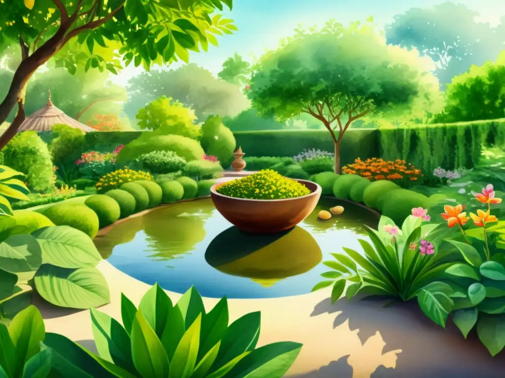 Una ilustración acuarela ultradetallada en 8k de un sereno jardín ayurvédico, resaltando la exuberante vegetación, flores y tranquilidad