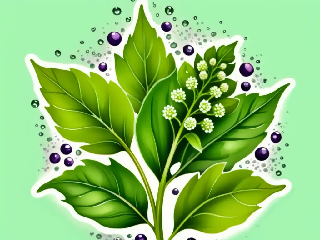 Una ilustración acuarela de una vibrante planta de chía con flores blancas y moradas, rodeada de gotas de agua en las hojas