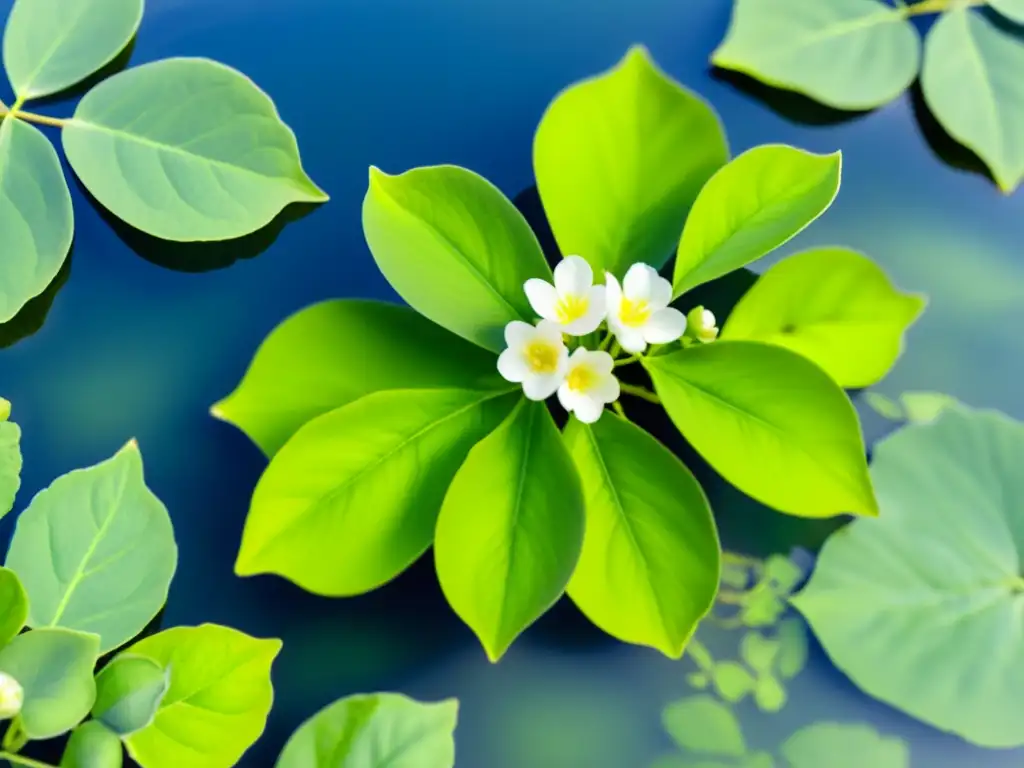 Bacopa Monnieri ilustrada con detalle en acuarela, rodeada de un sereno estanque