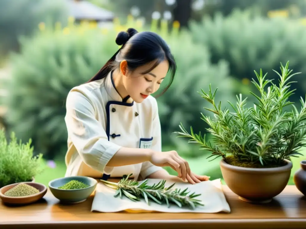 Un ilustrado practicante de medicina china selecciona romero para uso medicinal en un jardín sereno