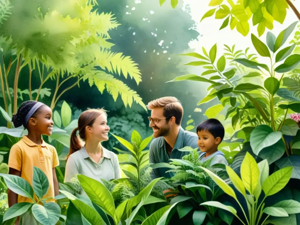 Imagen de jardín botánico en acuarela: niños aprenden sobre plantas medicinales con realidad aumentada para niños plantas medicinales