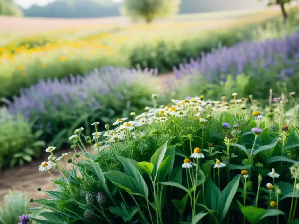 Imagen de campo de plantas medicinales cultivadas éticamente por granjeros locales, con expresión reverente y conexión profunda a la naturaleza